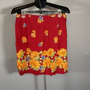 Kathie Lee Sz 16 Womens Red Orange Wrap Mini Skirt Bright 90s VTG Cottage Fairy
